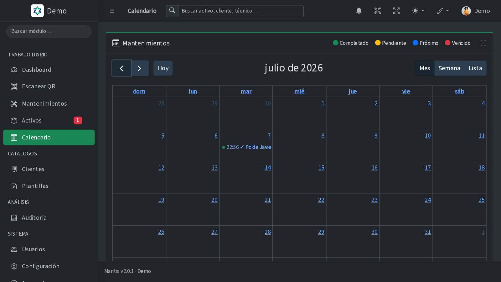 Calendario de mantenimientos de Mantis con servicios realizados y próximos