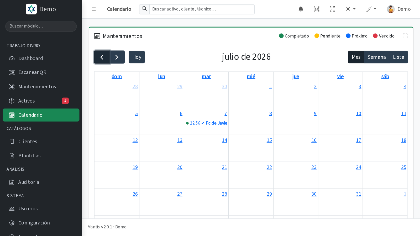Calendario de mantenimientos de Mantis con servicios realizados y próximos