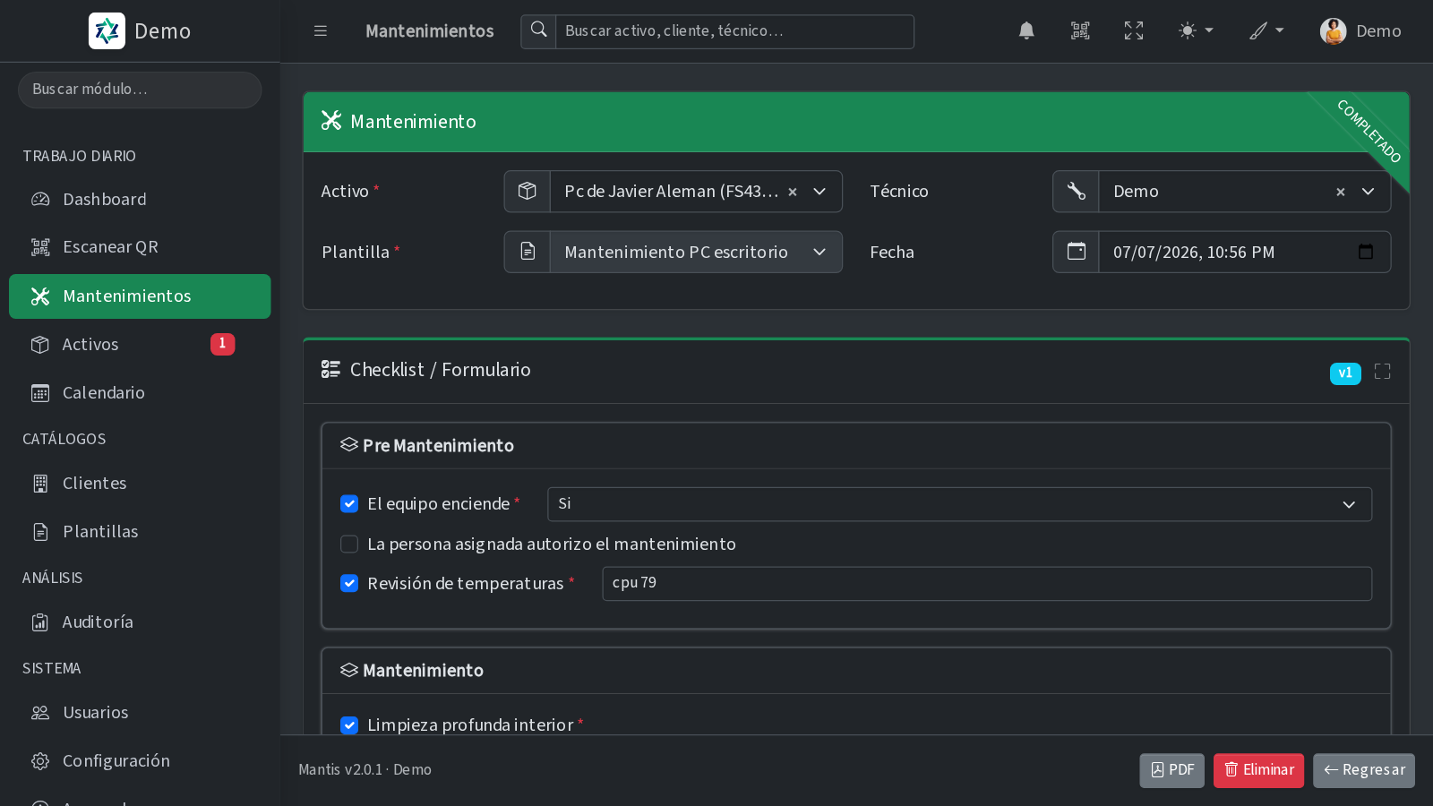 Formulario dinámico de ejecución de un mantenimiento en Mantis