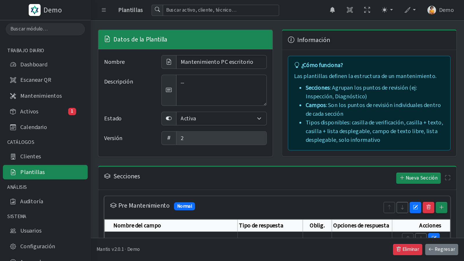 Editor de plantillas de mantenimiento de Mantis con secciones e ítems configurables