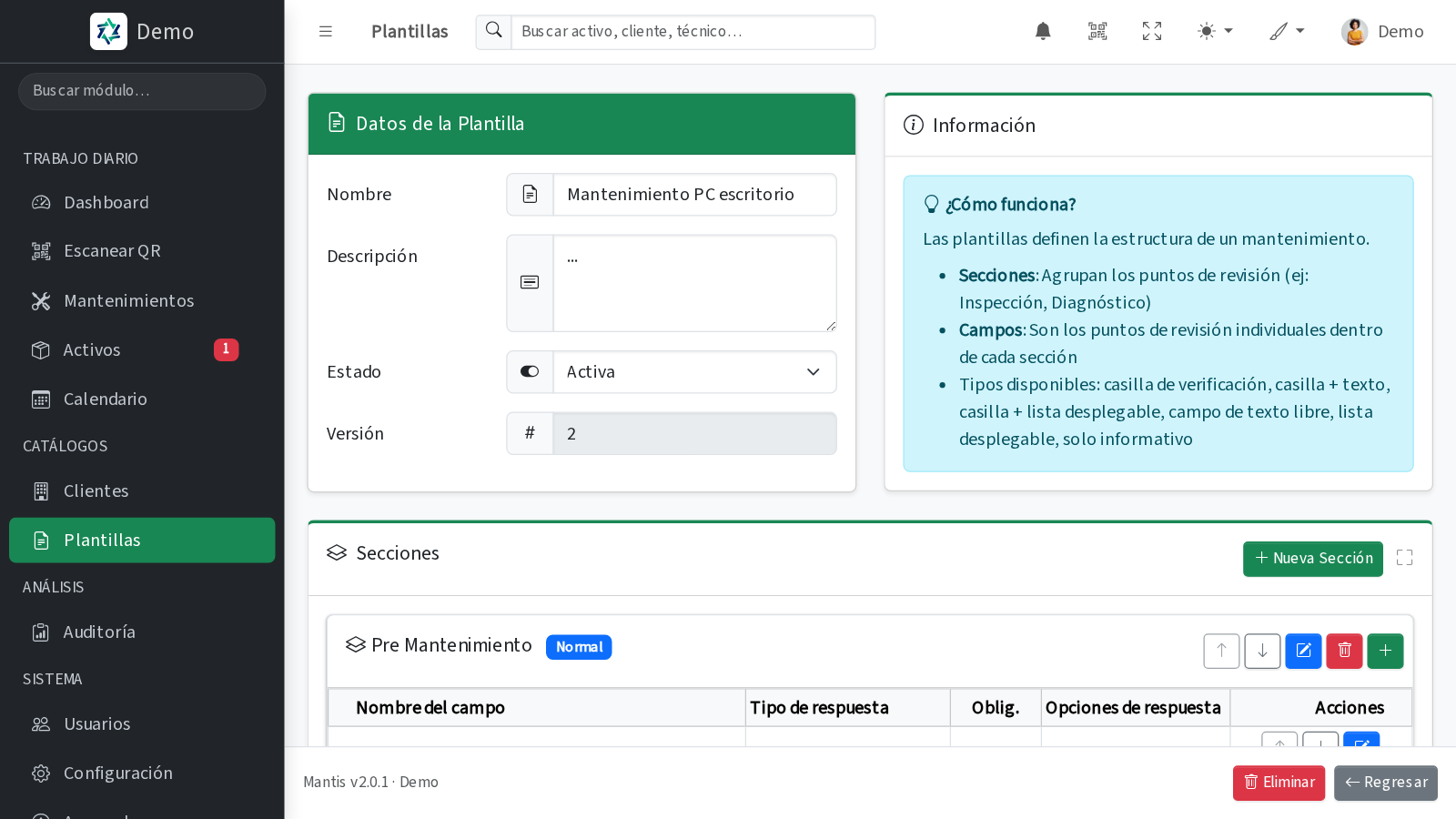 Editor de plantillas de mantenimiento de Mantis con secciones e ítems configurables